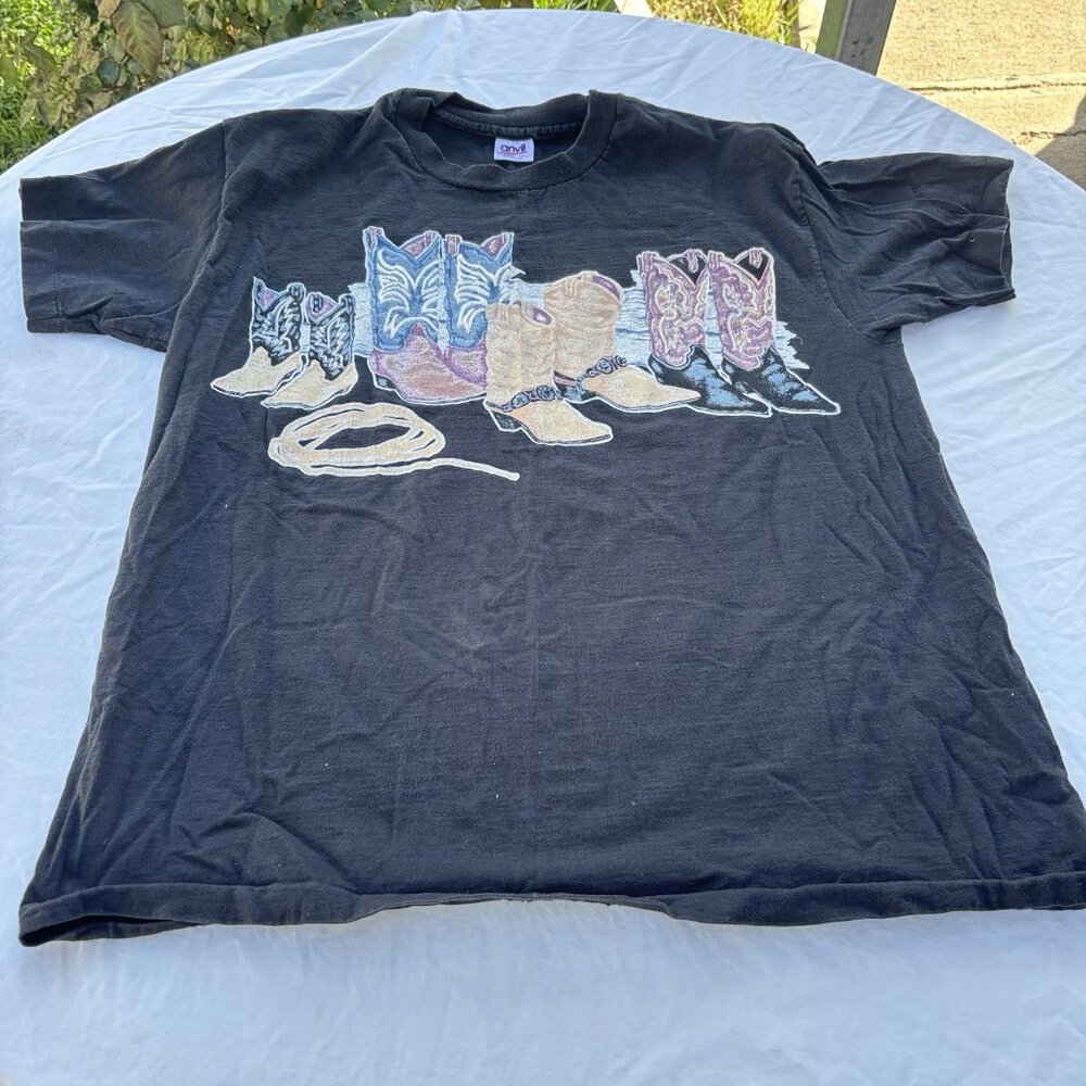 Anvil Vtg PreShrunk Women Size XL Graphic T-Shirt Black Short Sleeve Logo Boots‎
